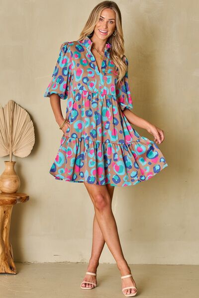 Notched Balloon Sleeve Mini Dress BLUE ZONE PLANET