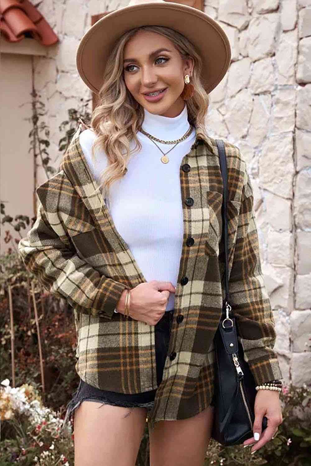 Plaid Collared Neck Button Up Jacket with Pockets BLUE ZONE PLANET