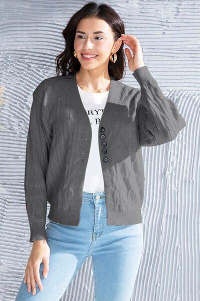 Blue Zone Planet | Cable-Knit Button Up Dropped Shoulder Cardigan BLUE ZONE PLANET