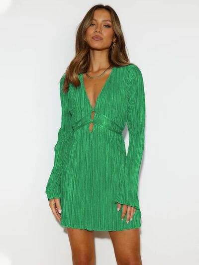 Blue Zone Planet | Tied Plunge Flare Sleeve Mini Dress BLUE ZONE PLANET