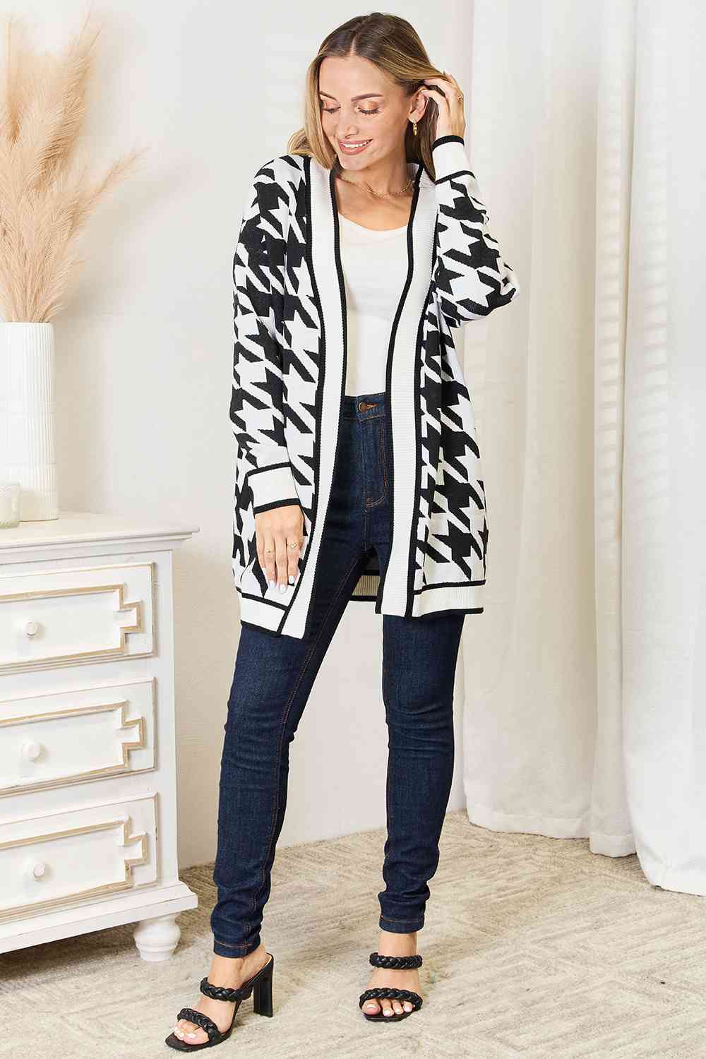 Woven Right Houndstooth Open Front Longline Cardigan BLUE ZONE PLANET