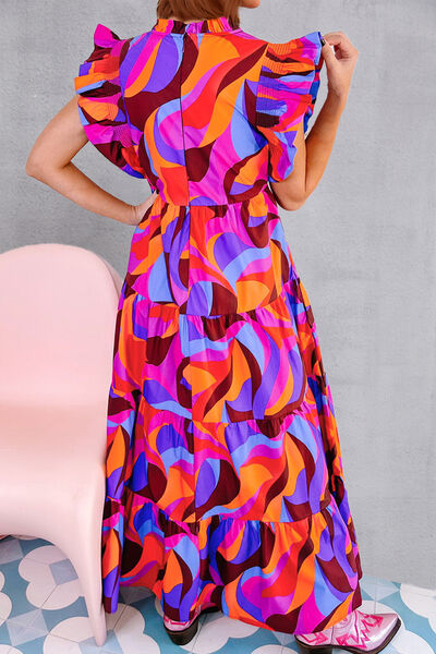 Blue Zone Planet | Printed Ruffled Mock Neck Tiered Dress BLUE ZONE PLANET