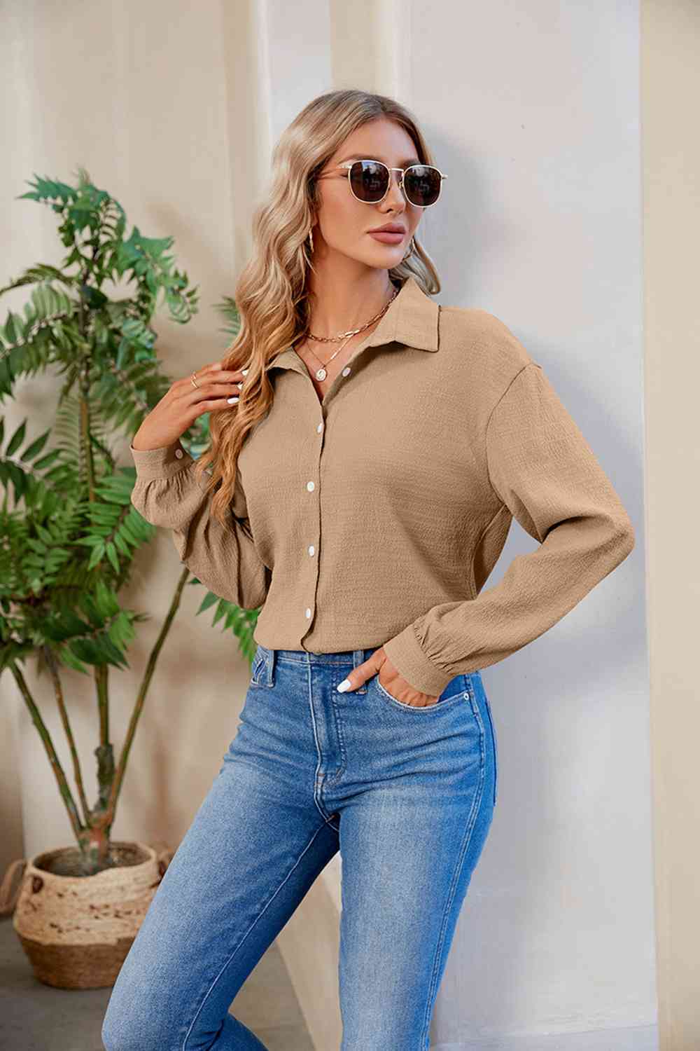 Collared Neck Buttoned Long Sleeve Shirt BLUE ZONE PLANET