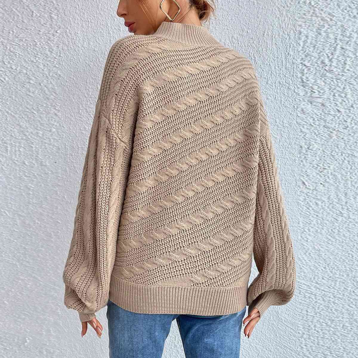 Cable-Knit Mock Neck Long Sleeve Sweater BLUE ZONE PLANET