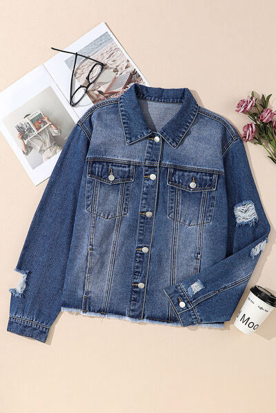Plus Size Distressed Button Up Raw Hem Denim Jacket BLUE ZONE PLANET