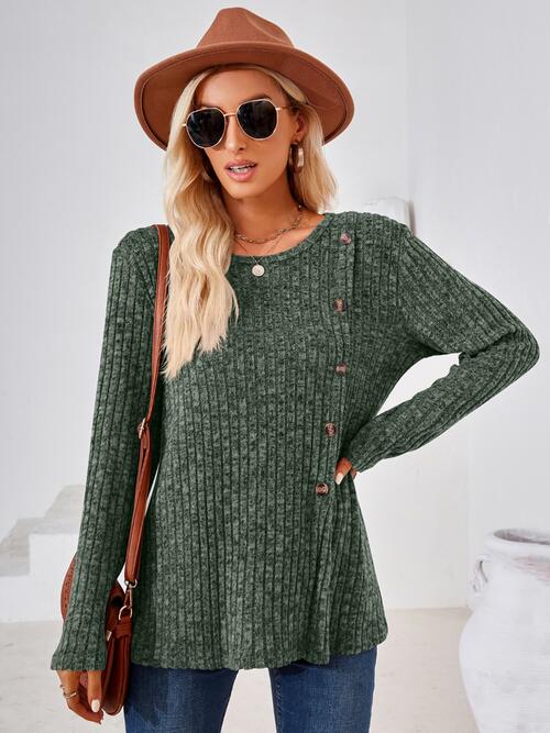 Ribbed Buttoned Round Neck Slit T-Shirt BLUE ZONE PLANET