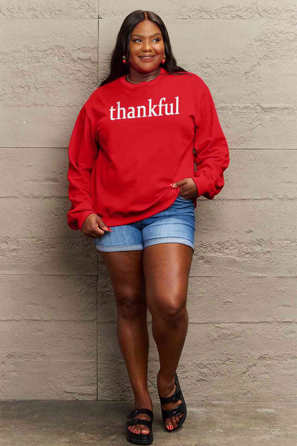 Simply Love Full Size THANKFUL Graphic Sweatshirt BLUE ZONE PLANET