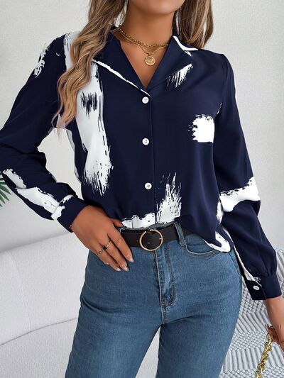 Blue Zone Planet | Printed Collared Neck Button Up Shirt BLUE ZONE PLANET