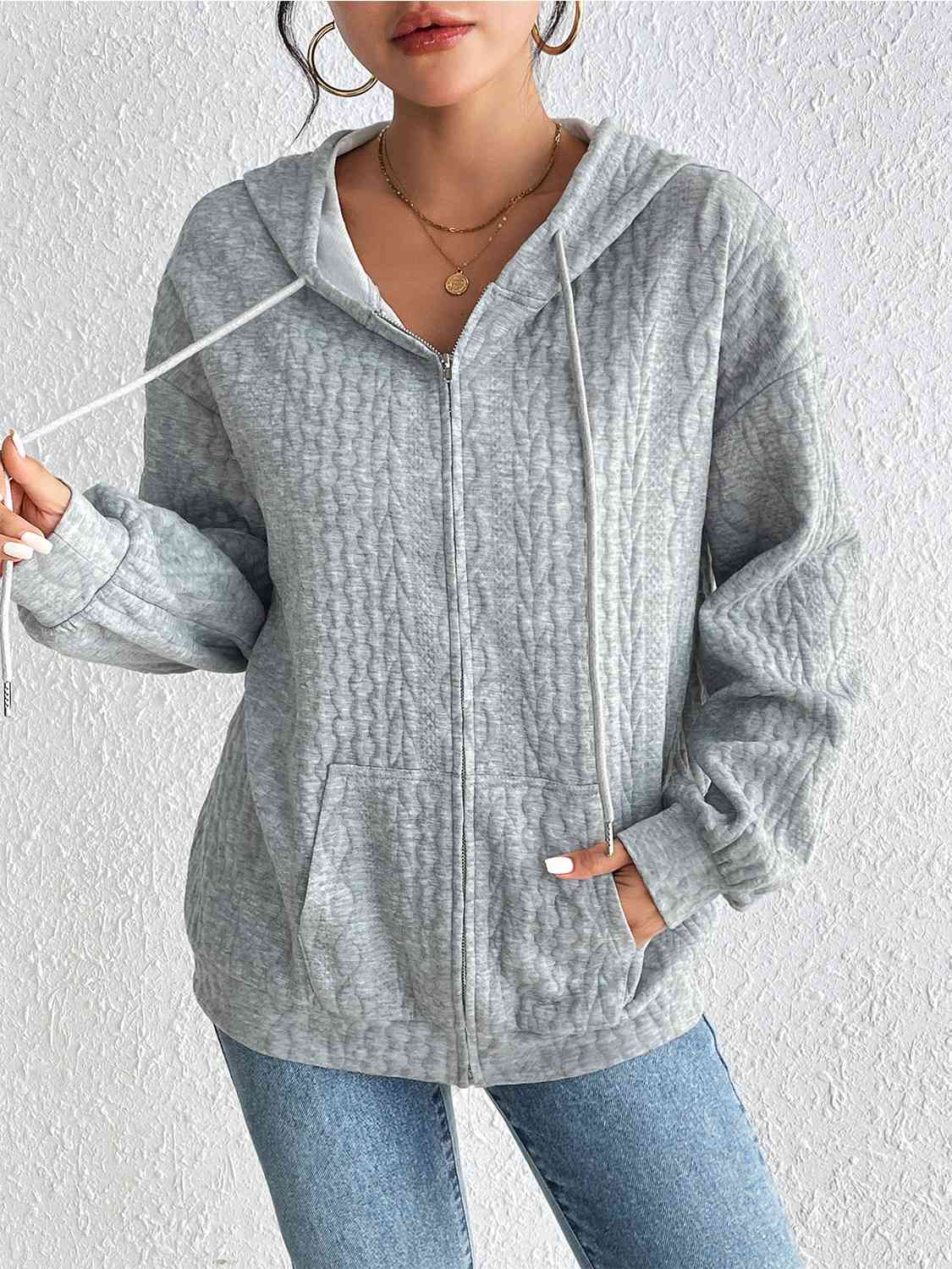 Zip Up Drawstring Long Sleeve Hoodie with Pockets BLUE ZONE PLANET