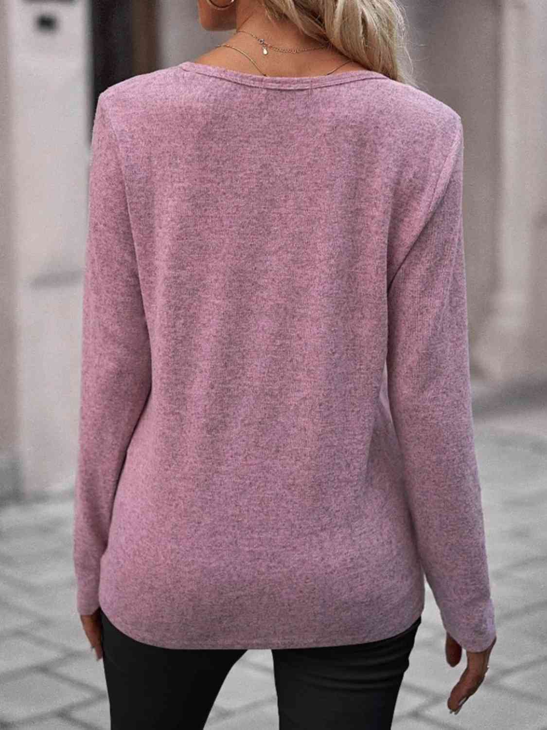 Round Neck Buttoned Long Sleeve T-Shirt BLUE ZONE PLANET