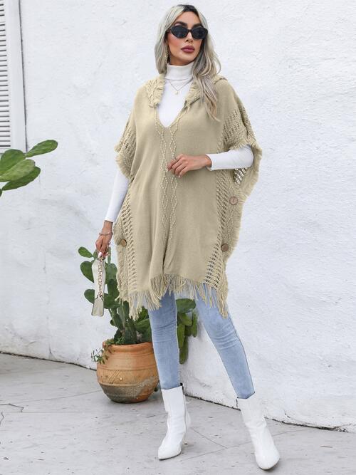 Fringe Trim Buttoned Hooded Poncho BLUE ZONE PLANET