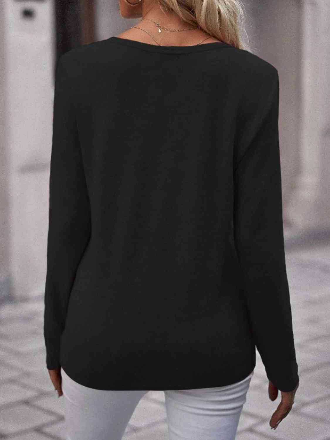 Round Neck Buttoned Long Sleeve T-Shirt BLUE ZONE PLANET