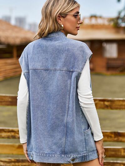 Blue Zone Planet | Button Up Collared Neck Sleeveless Denim Jacket BLUE ZONE PLANET