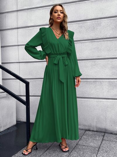 Blue Zone Planet | Pleated Surplice Tie Waist Maxi Dress BLUE ZONE PLANET