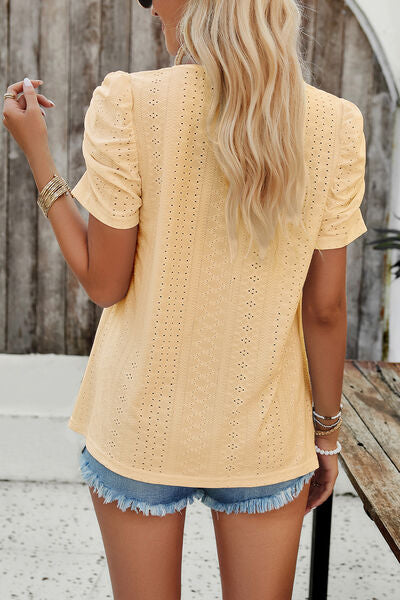 Eyelet Square Neck Puff Sleeve T-Shirt Trendsi