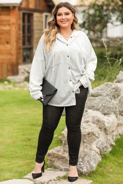 Blue Zone Planet | Plus Size Button Up Drawstring Long Sleeve Hoodie BLUE ZONE PLANET