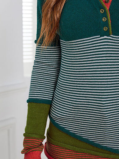 Blue Zone Planet | Striped Contrast Notched Long Sleeve Sweater BLUE ZONE PLANET