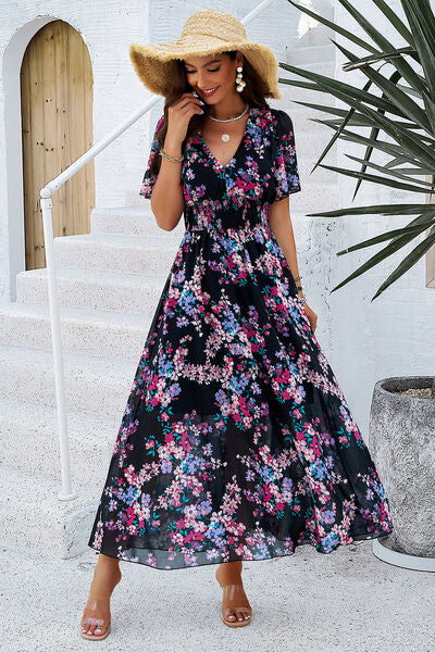 Blue Zone Planet | Smocked Floral V-Neck Short Sleeve Dress BLUE ZONE PLANET