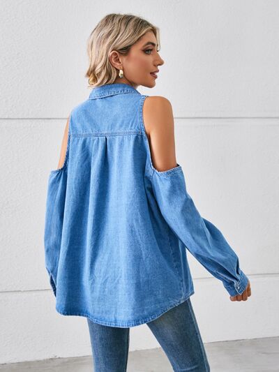 Cold Shoulder Pocketed Button Up Denim Jacket Trendsi