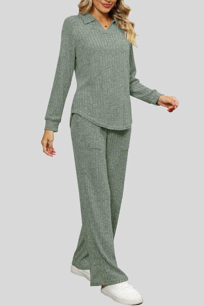 Blue Zone Planet | Ribbed Long Sleeve Top and Pocketed Pants Set BLUE ZONE PLANET