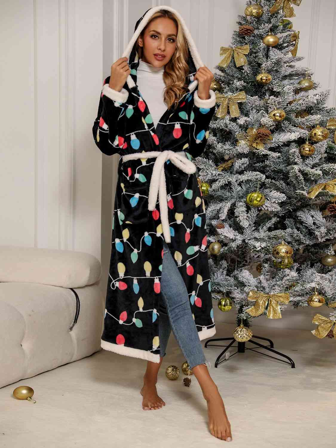Tie Waist Hooded Robe BLUE ZONE PLANET