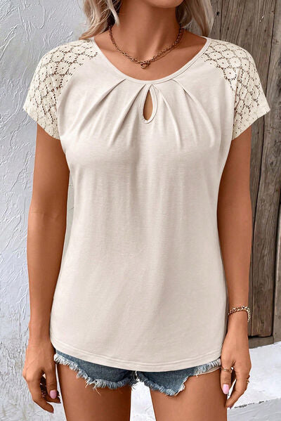 Blue Zone Planet | Cutout Round Neck Lace Short Sleeve T-Shirt BLUE ZONE PLANET