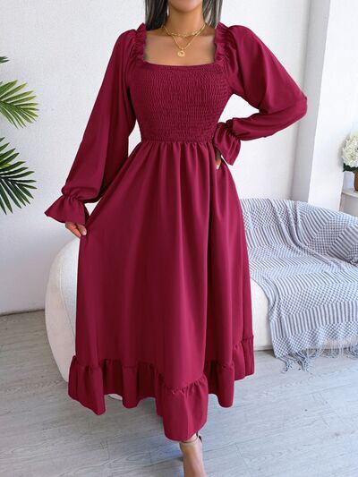 Smocked Square Neck Flounce Sleeve Dress BLUE ZONE PLANET