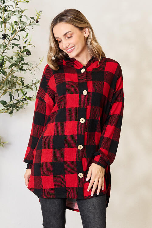 Heimish Full Size Plaid Button Front Hooded Shirt BLUE ZONE PLANET