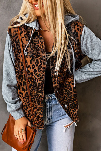 Blue Zone Planet | Leopard Distressed Drawstring Hooded Denim Jacket BLUE ZONE PLANET