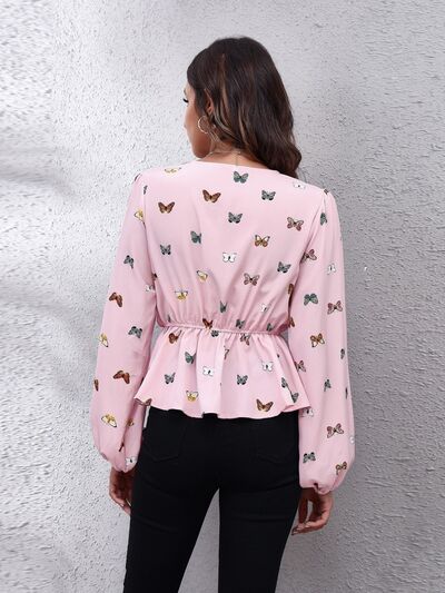 Butterfly V-Neck Balloon Sleeve Peplum Blouse BLUE ZONE PLANET