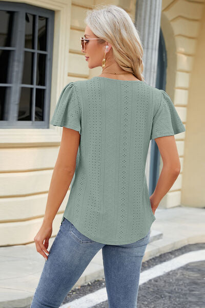 Blue Zone Planet | Eyelet Square Neck Short Sleeve T-Shirt BLUE ZONE PLANET