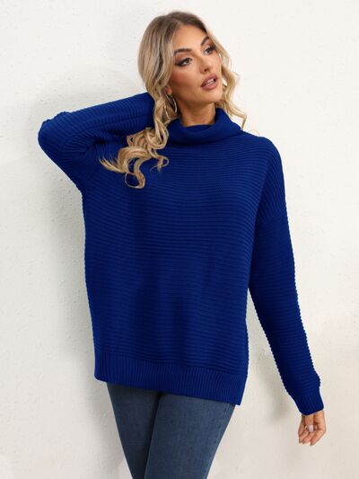Slit Turtleneck Dropped Shoulder Sweater Trendsi