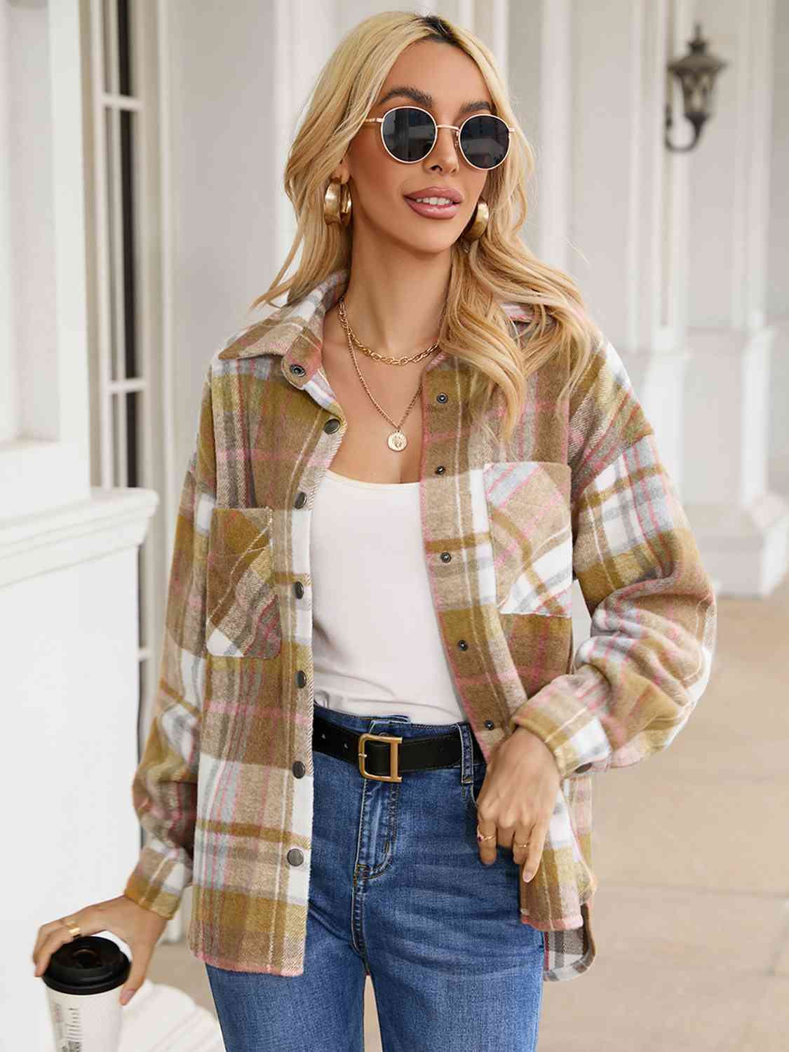 Snap Up Plaid Collared Neck Jacket with Pocket BLUE ZONE PLANET