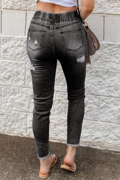 Blue Zone Planet | Drawstring Distressed Raw Hem Jeans with Pockets BLUE ZONE PLANET