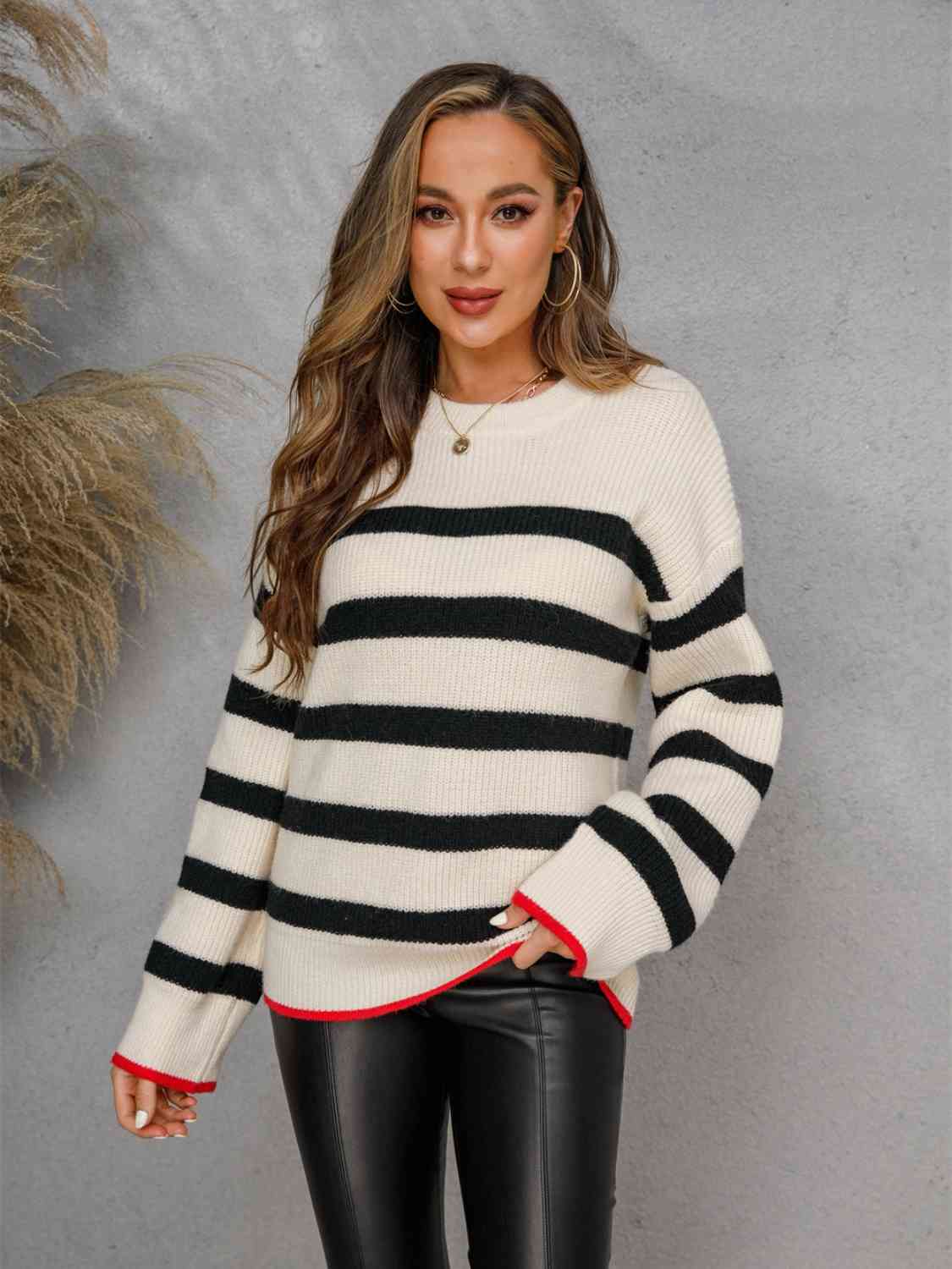 Striped Round Neck Dropped Shoulder Sweater BLUE ZONE PLANET