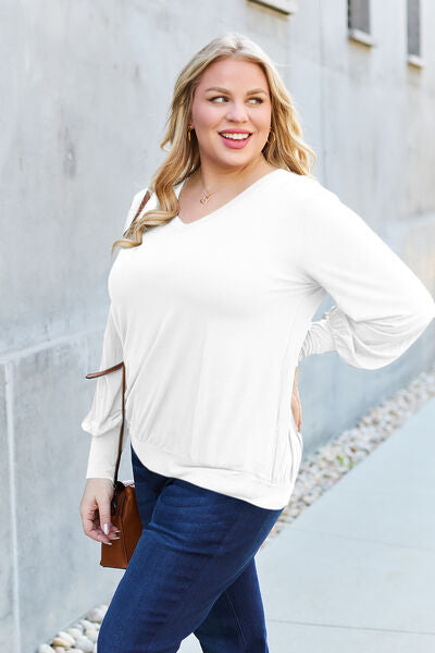 Blue Zone Planet | Basic Bae Full Size V-Neck Lantern Sleeve Blouse BLUE ZONE PLANET