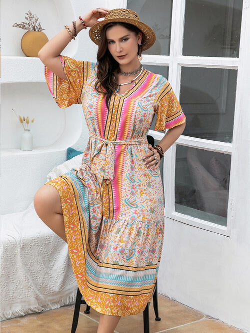 Plus Size Floral Tied Short Sleeve Midi Dress BLUE ZONE PLANET