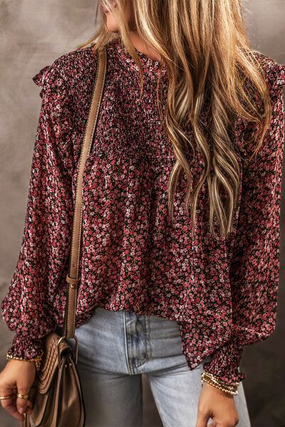 Ruffled Floral Waffle-Knit Blouse BLUE ZONE PLANET