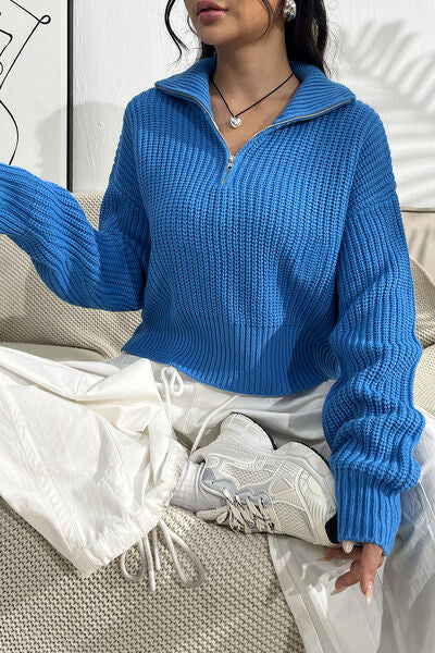 Blue Zone Planet | Quarter Zip Dropped Shoulder Sweater BLUE ZONE PLANET