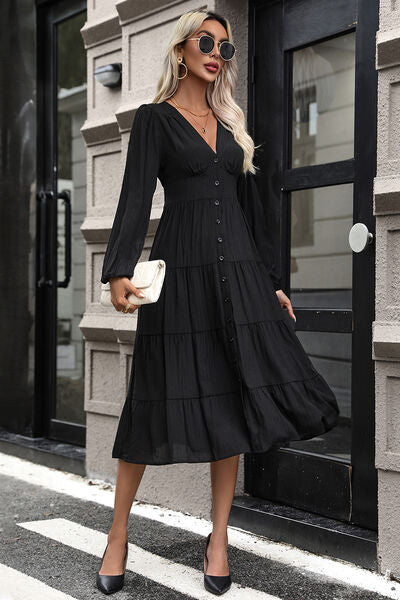 Blue Zone Planet |  Tiered Ruched Button Up Midi Dress BLUE ZONE PLANET