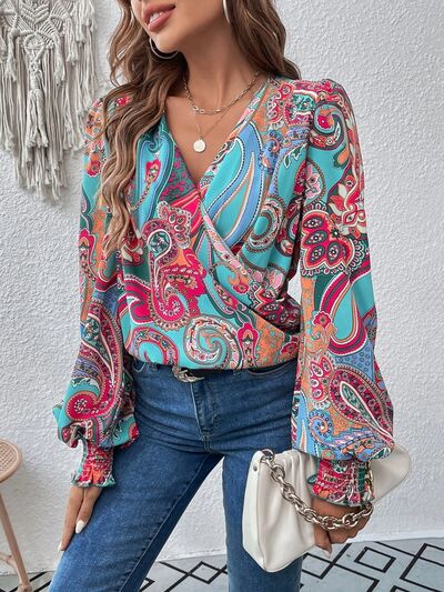 Blue Zone Planet | Printed Surplice Smocked Lantern Sleeve Blouse BLUE ZONE PLANET