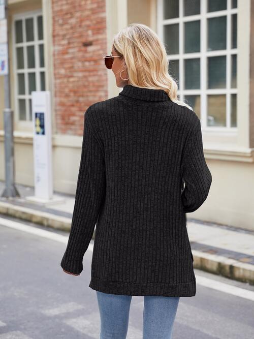 Ribbed Turtleneck Long Sleeve Slit Knit Top BLUE ZONE PLANET