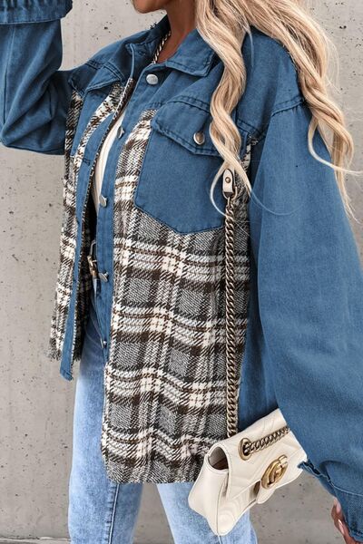 Blue Zone Planet | Plaid Pocketed Button Up Denim Jacket BLUE ZONE PLANET