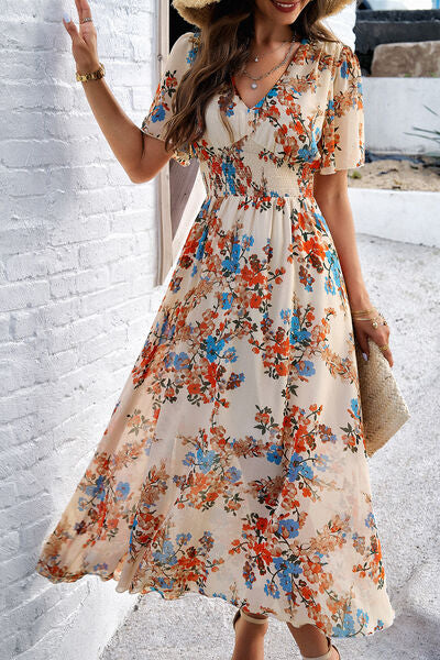 Blue Zone Planet | Smocked Floral V-Neck Short Sleeve Dress BLUE ZONE PLANET