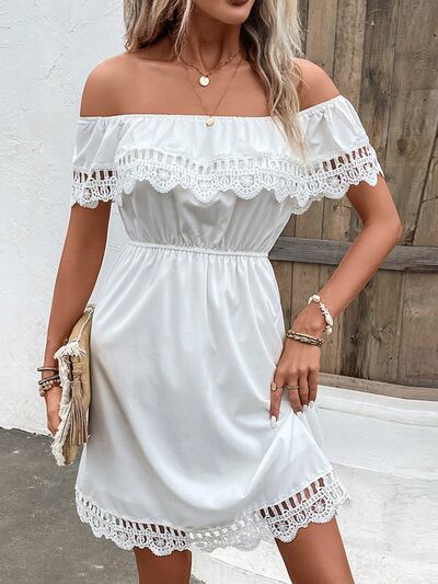 Ruched Lace Detail Off-Shoulder Dress BLUE ZONE PLANET
