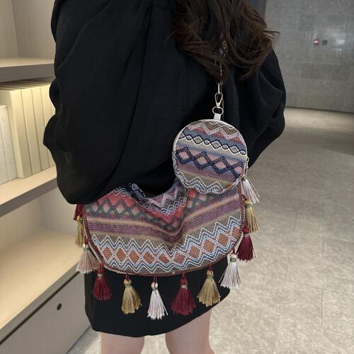 Printed Tassel Detail Crossbody Bag with Small Purse BLUE ZONE PLANET