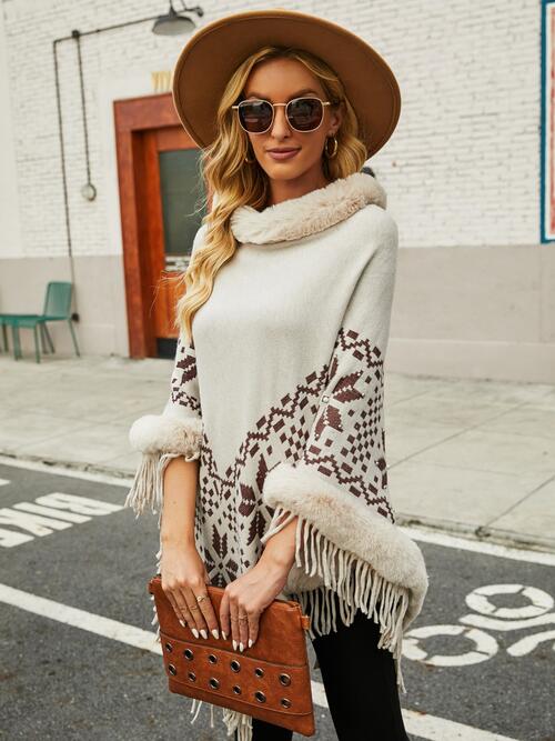 Fringe Geometric Cape Sleeve Poncho BLUE ZONE PLANET