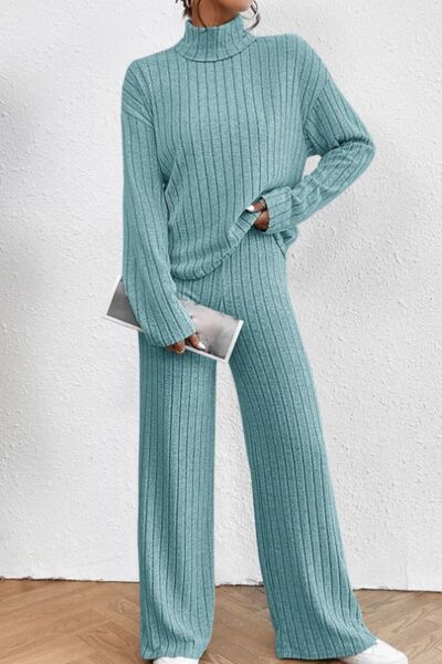 Blue Zone Planet | Mock Neck Dropped Shoulder Top and Pants Set BLUE ZONE PLANET