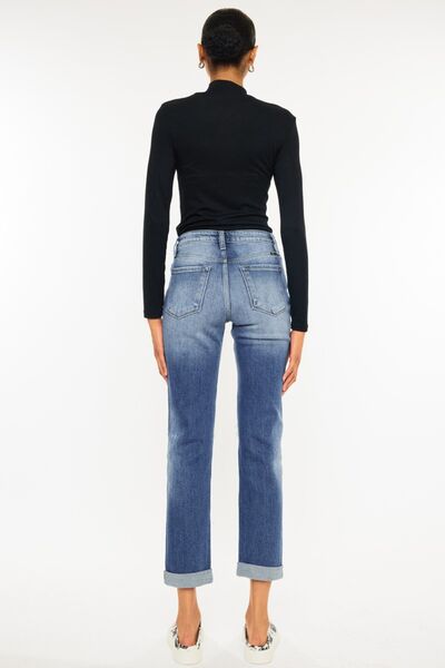 Kancan High Waist Distressed Hem Detail Cropped Straight Jeans BLUE ZONE PLANET
