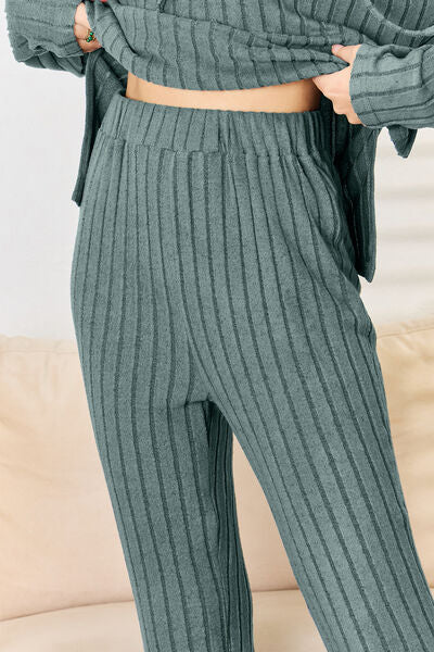 Blue Zone Planet | Basic Bae Full Size Ribbed Drawstring Hood Top and Straight Pants Set BLUE ZONE PLANET